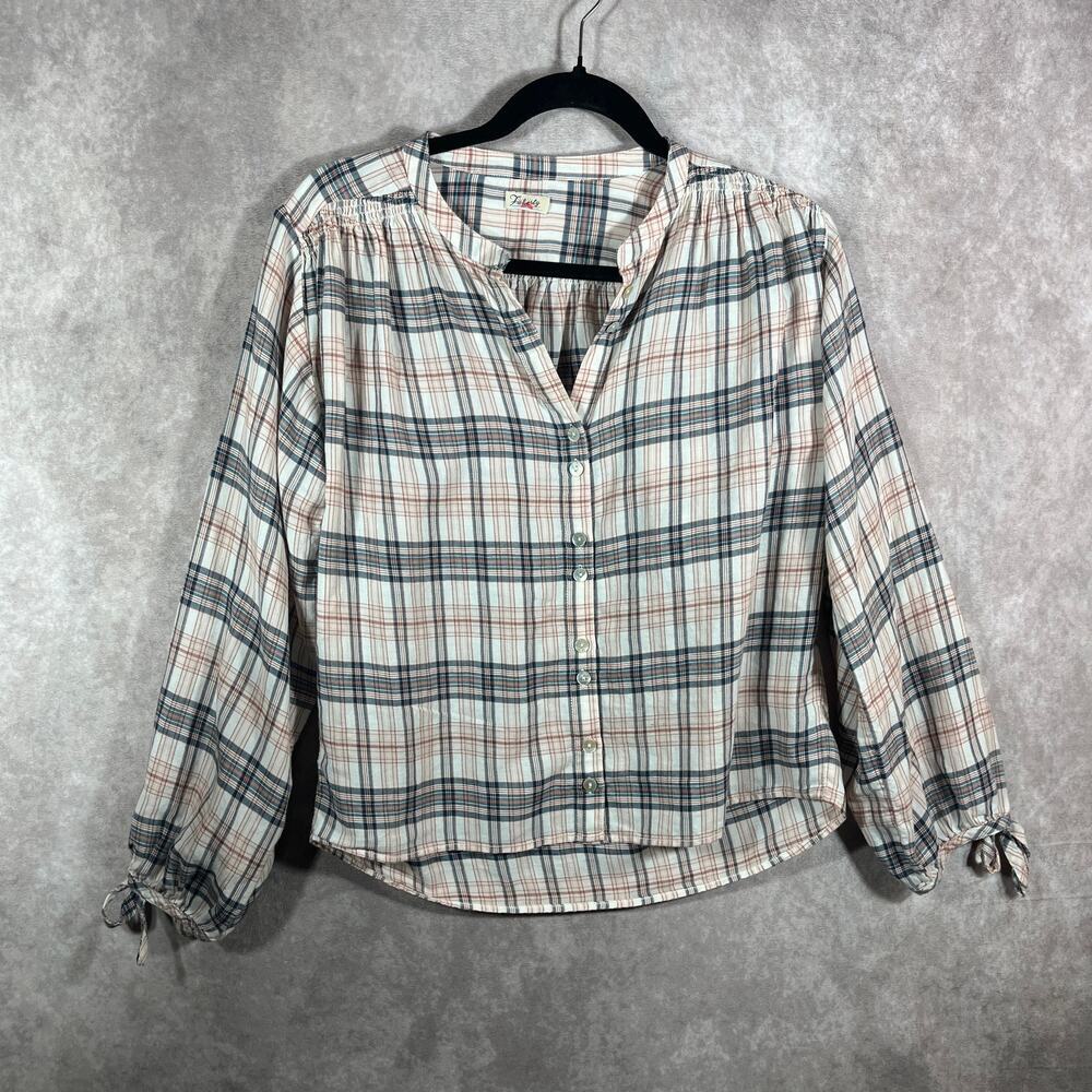 Faherty Top Womens Cream Gray‎ Plaid Button Front Long Sleeves V-Neck Casual